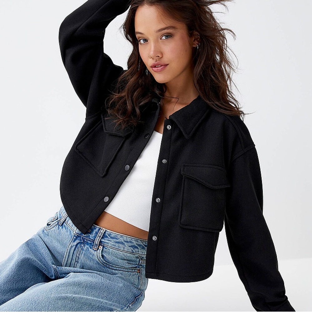TWIK Black Felted Fleece Cropped Shacket Utility Jacket S